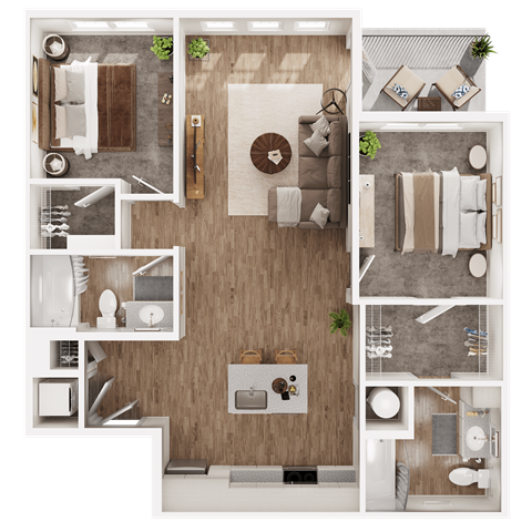 Floor plan for 2 beds, 2 baths, 1017 sqft